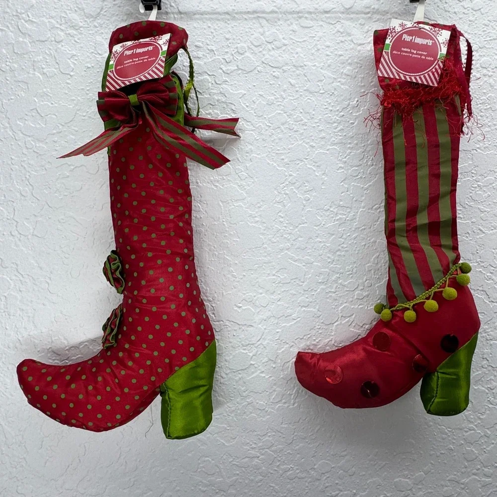 Pier 1 Imports Christmas Table Leg Covers Elf Boots Red Green Set of 2 NWT‎